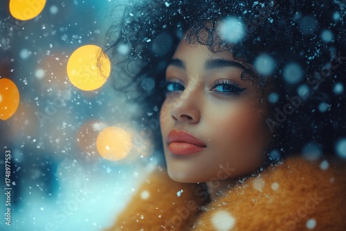 A woman in a yellow coat with blue eyes gazing at the snow.