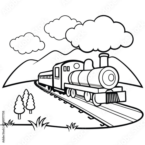 Coloring Page Featuring a Train Chugging Along Tracks Through a Vibrant Landscape