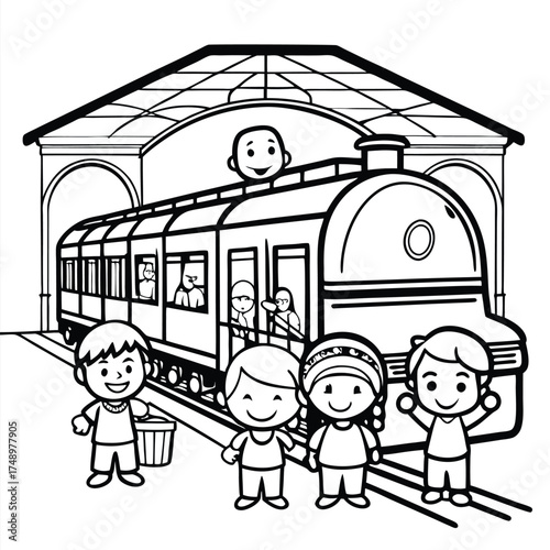 Intricate Coloring Page Depicting a Bustling Train Station with Passengers