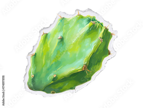 Isolated green cactus pad on transparent background drawing watercolor style botanical art
