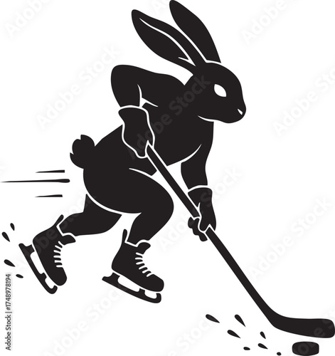Rabbit ice-hockey mascot – black & white vector illustration of cartoon bunny skating with stick and puck