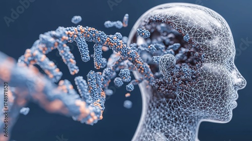 cell gene therapy concept Digital head with flowing DNA strands and particles.