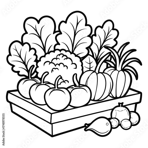 Children's Coloring Page Featuring a Vibrant Vegetable Garden with Detailed Vegetables