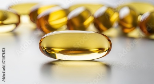 A close-up of a single vitamin capsule with a blurred background of multiple capsules.