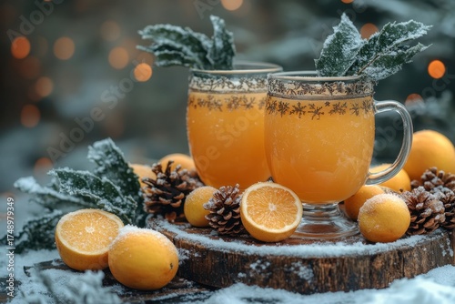 Glass of orange juice with oranges and pine.