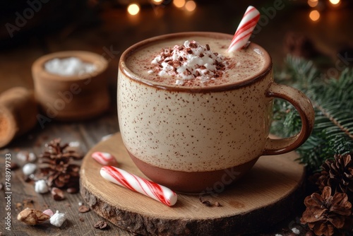 Cup of hot chocolate with marshmallows and candy.