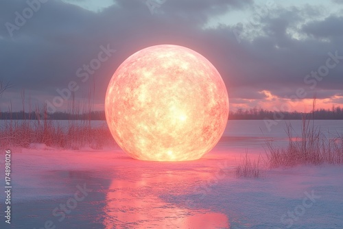 Pink moon rising over frozen lake.