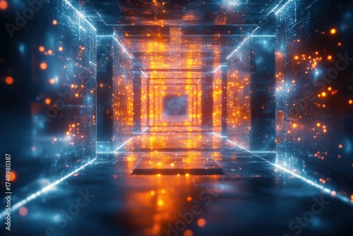 Bright light beaming in dark room with glowing lights.