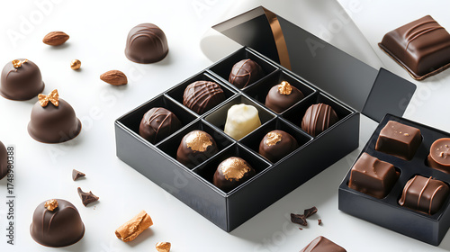 Luxury chocolate truffle assortment in black gift box gourmet candy selection dark and milk bonbon variety gold leaf accents elegant packaging sweet dessert indulgence studio lighting festive mood