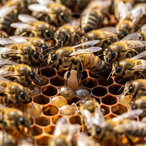 Wallpaper Mural Bees on Honeycomb - A Close-Up View of Honey Production. Torontodigital.ca