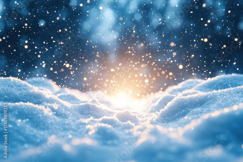 Snowflakes gently falling on a serene winter landscape.