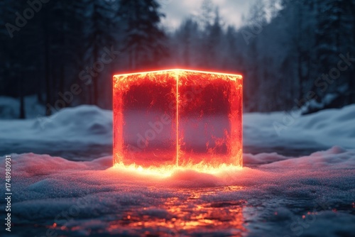 Glowing cube on frozen lake.