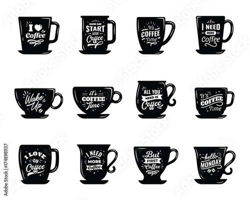 coffee mug with lover quote set collection pack bundle black shape icon silhouette vector flat illustration design on white background