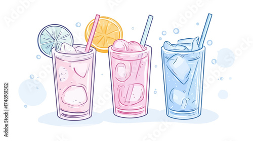 Refreshing Colorful Juice Glasses in Pastel Pink and Blue Line Art Illustration
