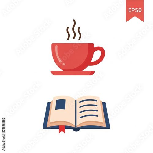 A red cup of coffee with steam rising above it and an open book with a bookmark.