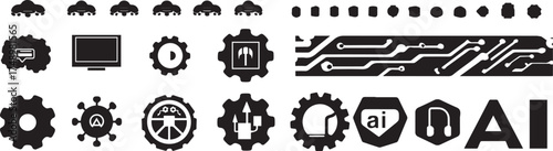 AI and Technology Icons: An array of sleek, black and white icons represent key technological concepts. These minimalist designs symbolize intelligence, innovation, and the digital future. 