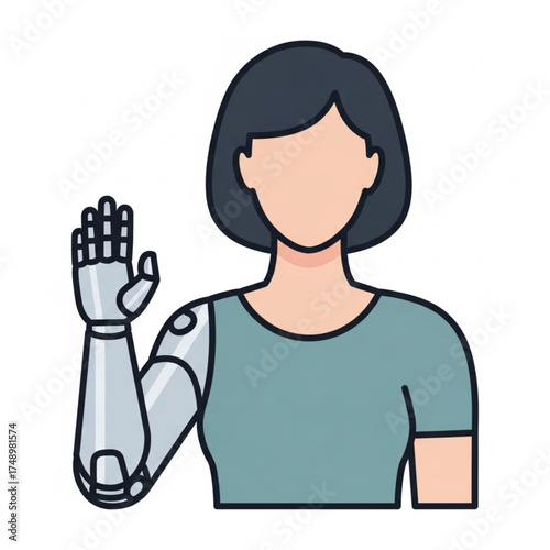 Illustration of a person with a prosthetic arm, raising their hand in a gesture.