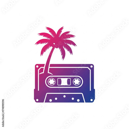 Retro cassette tape with palm tree in gradient colors.