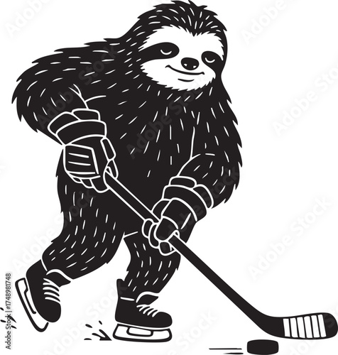 Funny Sloth Ice Hockey Player Mascot Silhouette Illustration