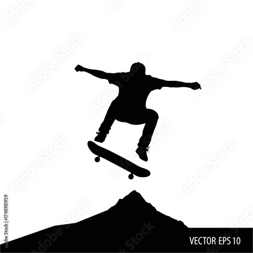 Silhouette of a skateboarder performing a trick over a hill.