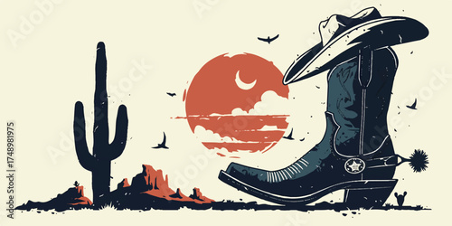 Vintage Cowboy Landscape: A striking illustration of a cowboy boot and hat, set against a backdrop of a desert sunset and a towering cactus, evoking the spirit of the Wild West.
