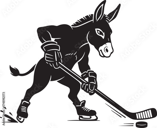Energetic Donkey Ice Hockey Player Mascot Silhouette Illustration