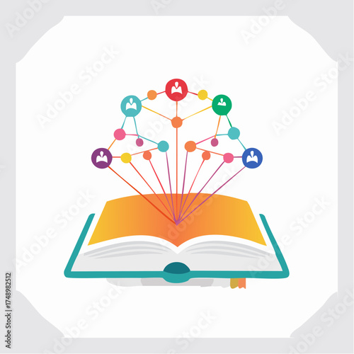 Colorful network emanating from an open book illustrating knowledge sharing concept