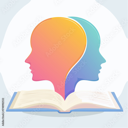 Conceptual illustration of knowledge exchange and learning from a book with two heads
