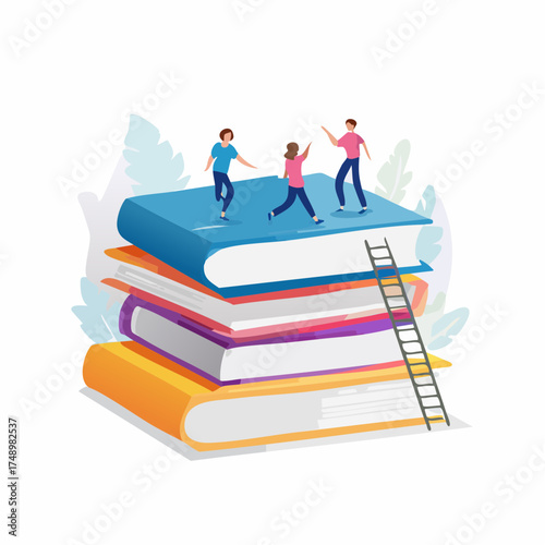 Conceptual illustration of knowledge acquisition with people on a stack of books