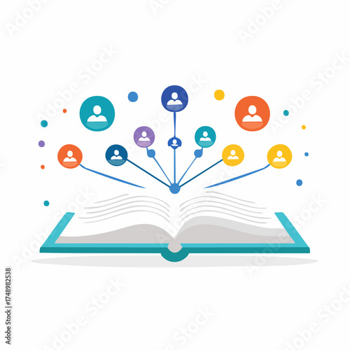 Conceptual open book with connected people icons representing knowledge sharing
