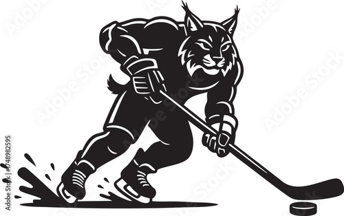 Fierce Bobcat Ice Hockey Player Mascot Silhouette Illustration