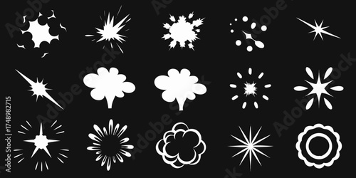 Collection of white cartoon explosion and starburst sound effect icons on black background