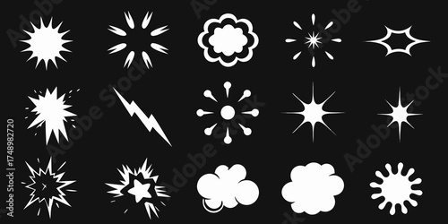 Collection of white comic book explosion and burst effect elements on a black background