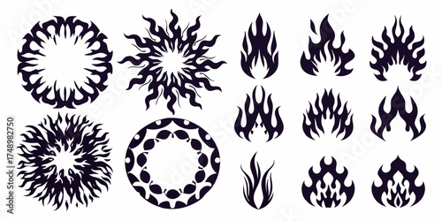Collection of stylized black fire and sunburst graphic elements and tribal tattoo designs