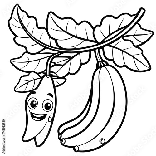 Coloring Page Depicting a Banana Hanging from a Branch of a Tree