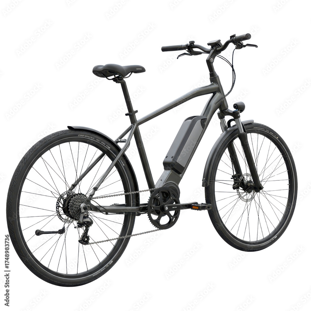 Obraz premium Modern dark gray electric commuter bicycle e-bike isolated on white studio background