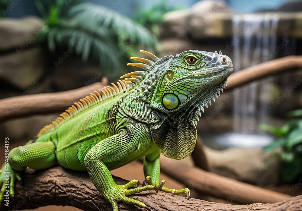 Fototapeta premium Green Iguana Portrait - A Vibrant Reptile in Natural Habitat.