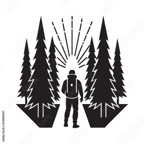 Man Hiking Through Forest Trail Silhouette Design