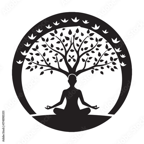 Yoga Pose Under Tree Silhouette Design
