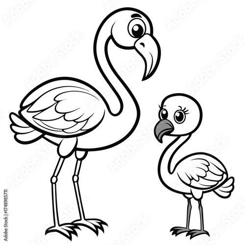 Coloring Page Depicting a Baby Flamingo Alongside its Affectionate Parent