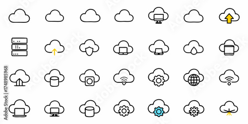 Modern cloud technology icons symbolizing data storage, networking, cybersecurity, and server solutions for innovative digital business strategies, all in one simple design