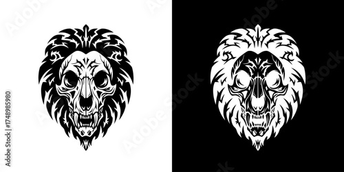 A striking black and white illustration of a lion's skull with a fierce mane, presented on both a white and black background.