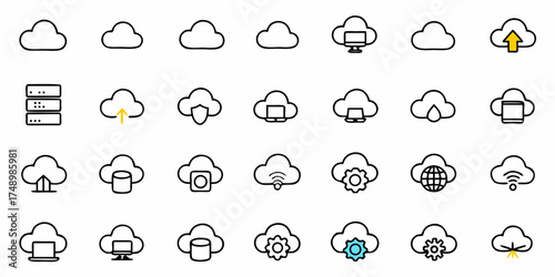 Modern cloud computing services vector icon set perfect for website design, app development, and technology presentations about data storage and network solutions