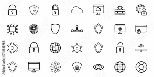 Essential Cyber Security Icons for Protecting Digital Assets and Networks, Outlines of Locks, Shields, and Cloud Computing for Security Solutions