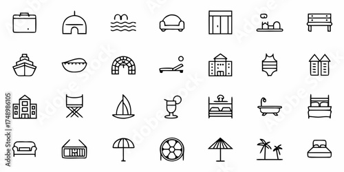 Explore travel destinations with these vacation icons, from relaxing beaches to cozy hotels, perfect for travel agency brochures and holiday planning websites