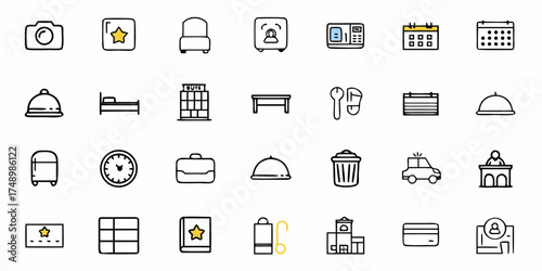 Charming hotel icons showing lodging, travel plans, and guest amenities, perfect for travel blogs, booking websites, and hotel marketing, originally a vector graphic