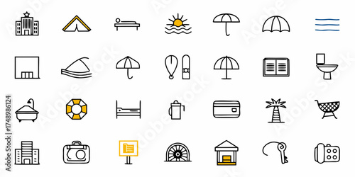 Plan your next vacation with these cute icons of hotel, tent, bed, sun, umbrella, waves, building, bikini, ski lift, book, toilet, bathtub, lifebuoy, credit card, palm, shopping cart, key, phone