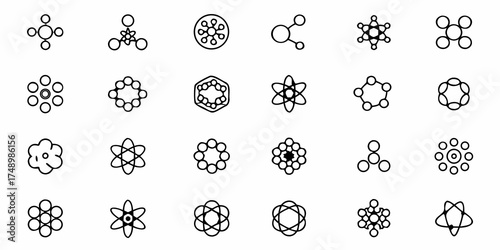 Dynamic collection of abstract molecule symbols representing science, technology, and innovation for modern designs, perfect for educational and research materials