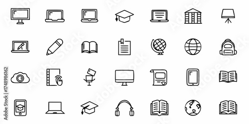 Trendy linear icon collection for e-learning and online education, perfect for landing pages, apps and more with computers, books, and graduation caps showing education