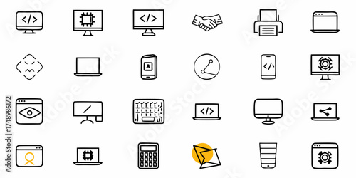 Modern line art icon set for web development projects and digital design solutions, ideal for technology startups and creative agencies seeking a minimalist style